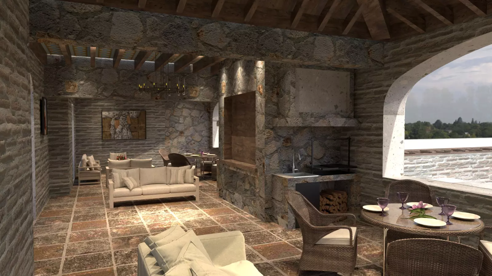 Interior de la Casa Club con área de convivencia